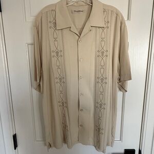Tommy Bahama Tan Button-down embroidered Silk Shirt, Men’s L